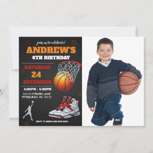 Black Orange Basketball Photo Invitation Anniversa