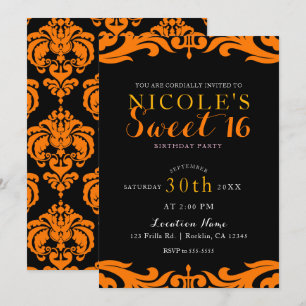 Black & Orange Damask Chic Elegant Sweet 16 Party Einladung