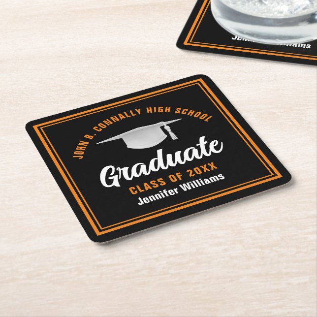 Black Orange Graduate Custom 2025 Graduation Party Rechteckiger Pappuntersetzer (angewinkelt)