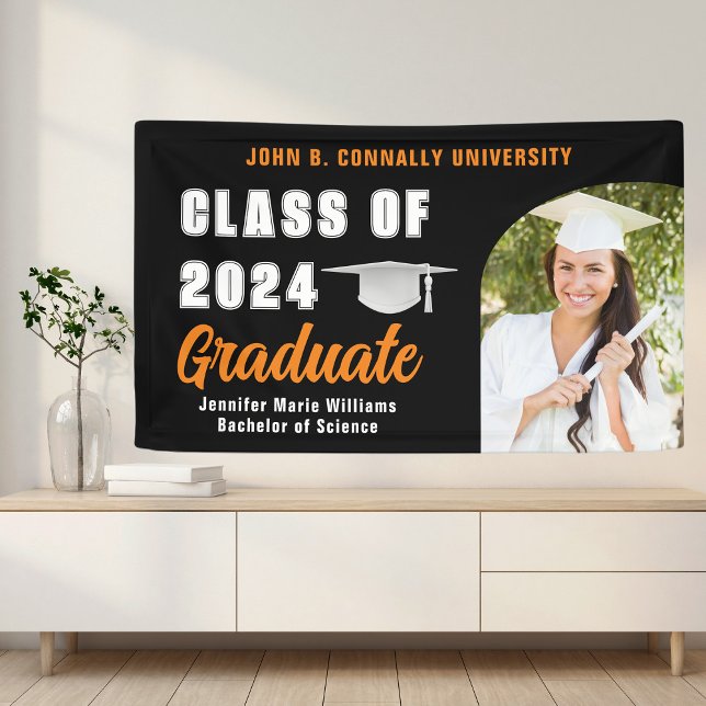 Black Orange Graduate Foto 2025 Graduation Party Banner (Von Creator hochgeladen)