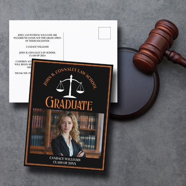 Black Orange Law School Abschluss Foto Ankündigungspostkarte (Von Creator hochgeladen)