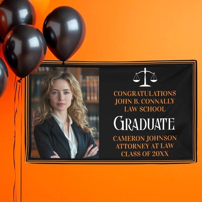 Black Orange Law School Foto Graduation Party Banner (Von Creator hochgeladen)