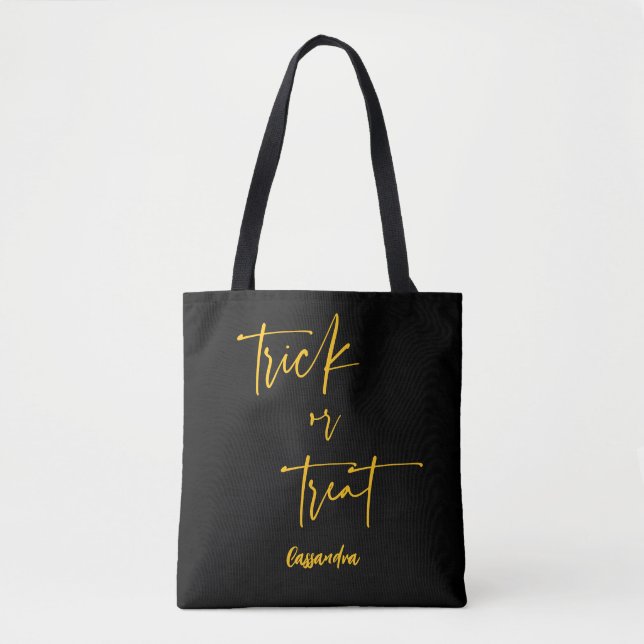 Black Orange Name Trick oder Treat Halloween Tasch Tasche (Vorderseite)