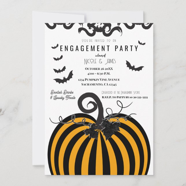 Black & Orange Pumpkin Halloween Engagement Party Einladung (Vorderseite)
