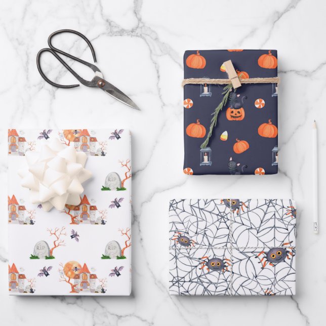 Black Orange Pumpkin Spider Grave Halloween Geschenkpapier Set (Vorderseite)
