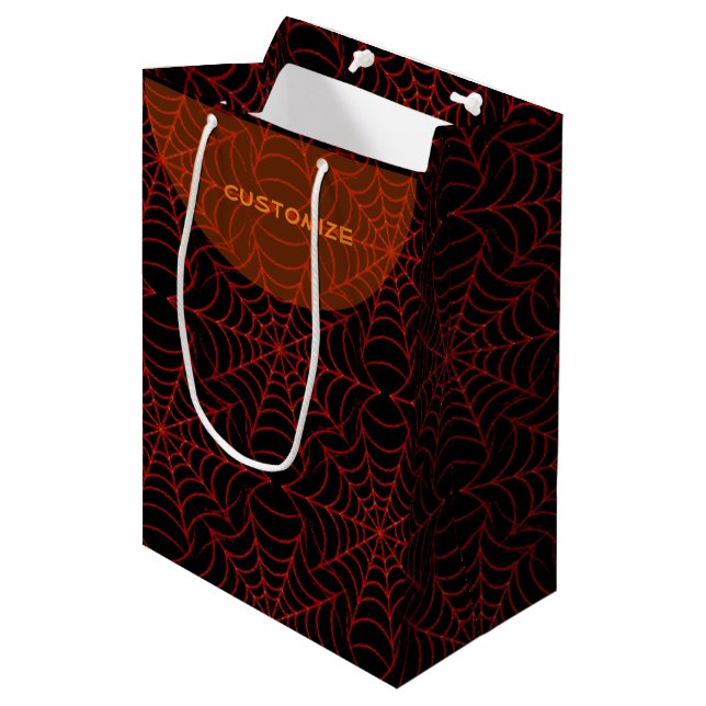 Black & Orange Spider Web Muster Geschenktasche Mittlere Geschenktüte (Vorderseite Schrägansicht)