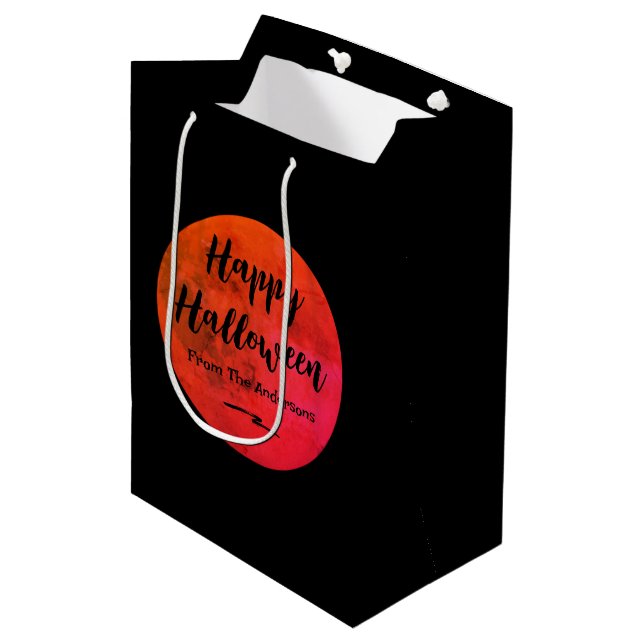 Black Orange Spooky Full Moon Happy Halloween Mittlere Geschenktüte (Vorderseite Schrägansicht)