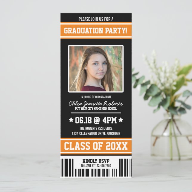 Black|Orange Sporty Graduation Party Ticket Einladung (Stehend Vorderseite)
