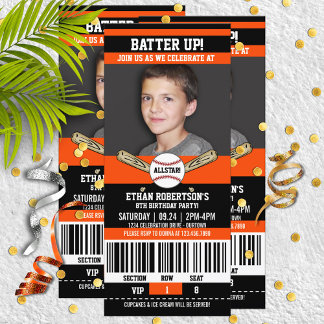 Black|Orange Ticket Style Baseball Geburtstagspart Einladung