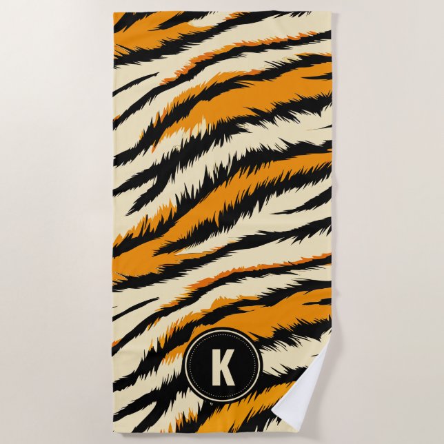 Black Orange Tiger Stripes Pattern Monogram Strandtuch (Vorderseite)