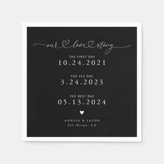 Black Our Liebe Story Script Hearts Wedding Serviette (Vorderseite)