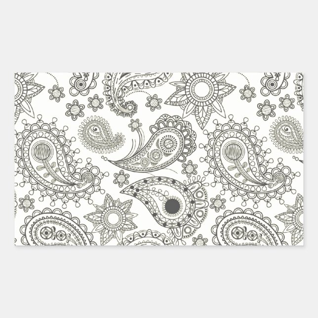 Black Paisley auf Weiß Rechteckiger Aufkleber (Vorderseite)