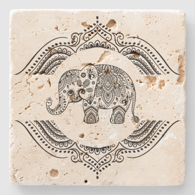 Black Paisley Elephant & Floral Lace Steinuntersetzer (Vorderseite)