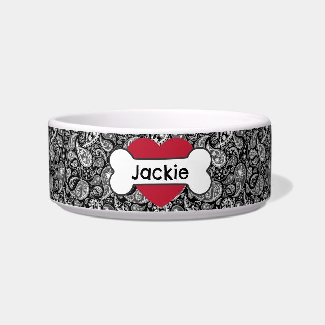 Black Paisley Heart Bone Medium Pet Bowl Napf (Vorderseite)