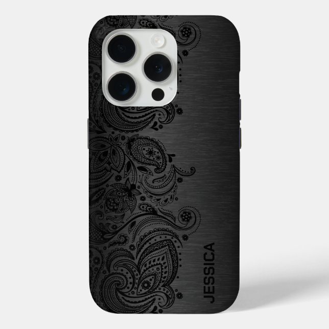 Black paisley lace Gray metallic background Case-Mate iPhone Hülle (Rückseite)