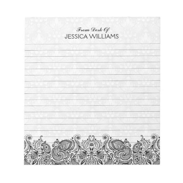 Black Paisley Lace White Damaskus Hintergrund Notizblock (Vorderseite)