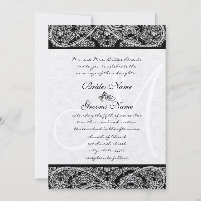 Black Paisley Monogram Mariage damassé Invitation (Devant)