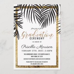 Black Palm Tree Fronds Gold Border Abschluss Einladung