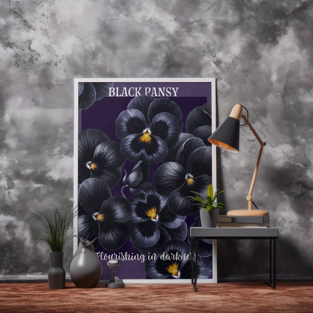 Black Pansy Dark Blume Affirmation Poster (black pansy poster leaning against a wall.)