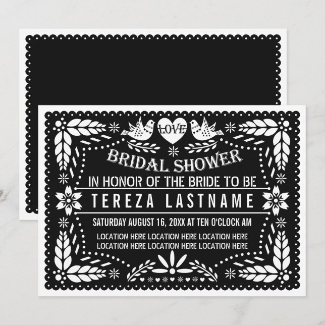Black Papel Picado Liebe Hochzeit Brautparty Einladung (Vorne/Hinten)