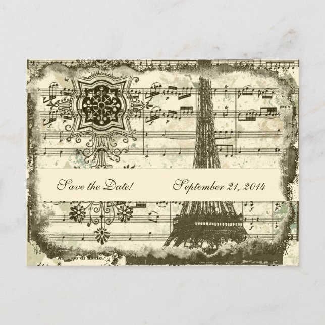 Black Paris Eiffel Tower Music Cream Save the Date Ankündigungspostkarte (Vorderseite)