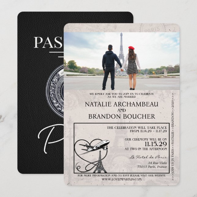 Black Paris Passport Wedding Einladung (Vorne/Hinten)