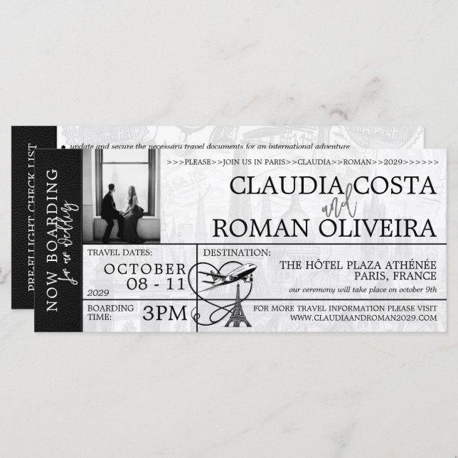 Black Paris Wedding Boarding Pass (Vorne/Hinten)