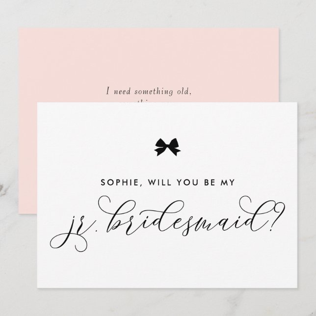 Black Parisian Bow wirst du mein Jr. Bridesmaid se Einladung (Vorne/Hinten)