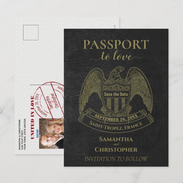 Black Passport Niedlich Fun Wedding Save the Date Ankündigungspostkarte (Vorne/Hinten)