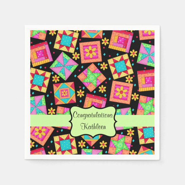 Black Patchwork Quilt Blockname Herzlichen Glückwu Serviette (Vorderseite)