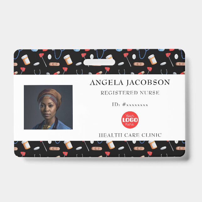Black Pattern Nurse Healthcare Logo Horizontal ID Ausweis (Front)