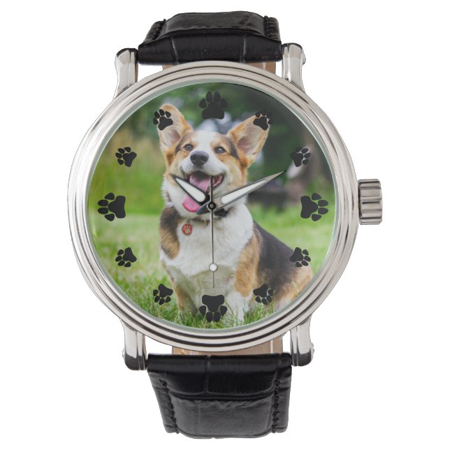 Black Paw Prints Add Your Pet Foto Armbanduhr (Vorderseite)