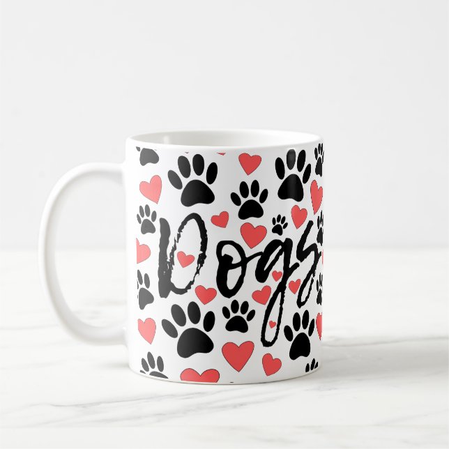 Black Paw Prints Red Hearts Typografie Kaffeetasse (Links)