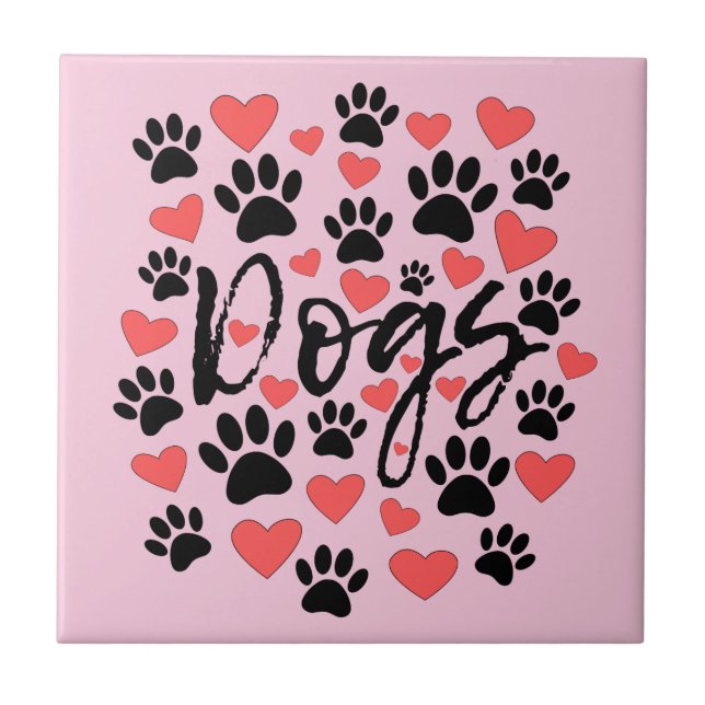 Black Paw Prints Red Hearts Typografie Pink Fliese (Vorderseite)