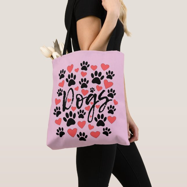 Black Paw Prints Red Hearts Typografie Pink Tasche (Von Nahem)