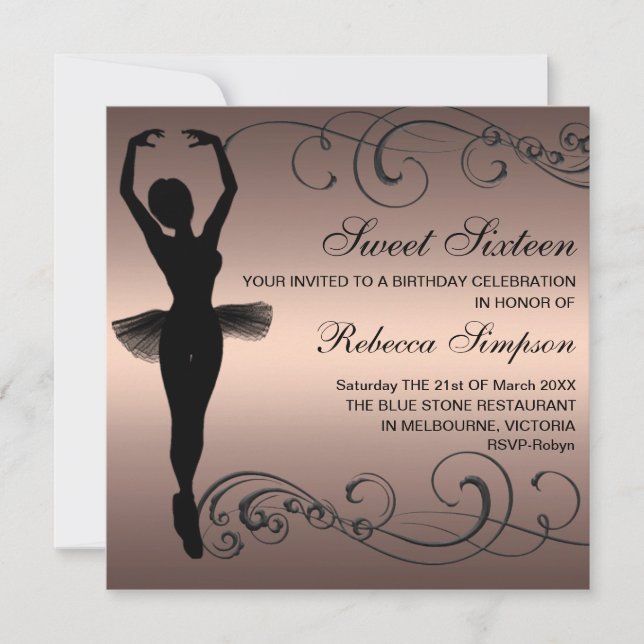 Black & Peach Ballerina Einladung zum Geburtstag (Vorderseite)