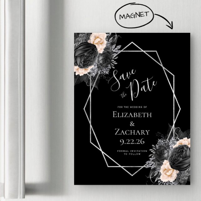 Black Peach Floral Geo Save the Date Magneteinladung (Von Creator hochgeladen)
