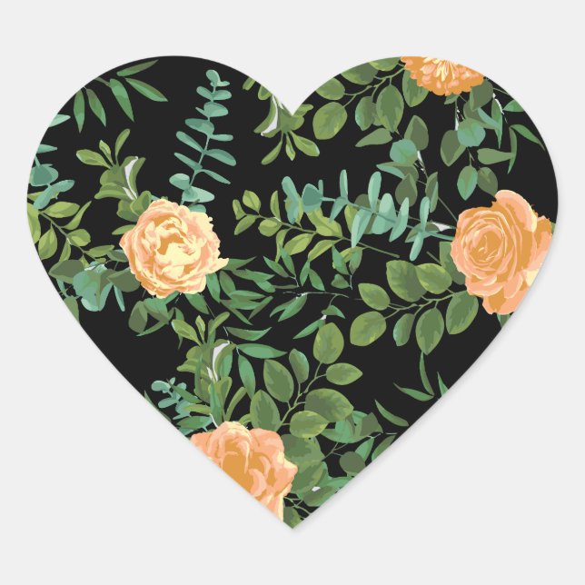 Black & Peach Wedding Modernes Floral Herz-Aufkleber (Vorderseite)