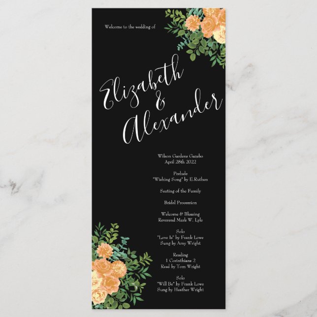 Black & Peach Wedding Modernes Floral Menükarte (Vorderseite)