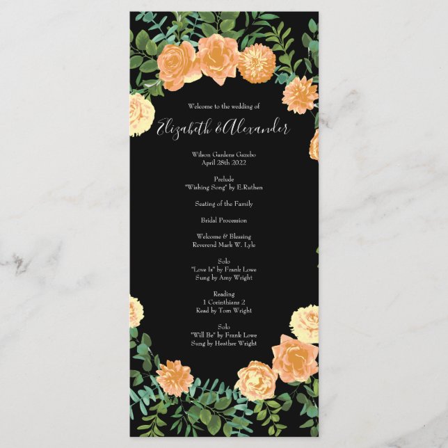 Black & Peach Wedding Modernes Floral Menükarte (Vorderseite)