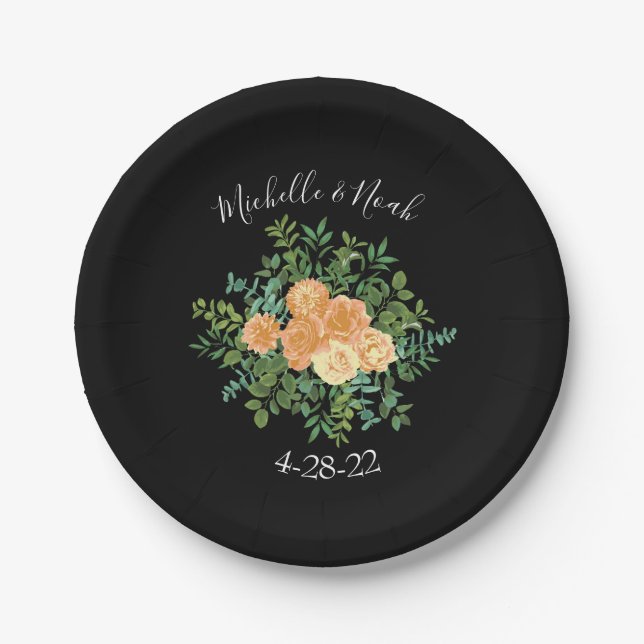 Black & Peach Wedding Modernes Floral Pappteller (Vorderseite)