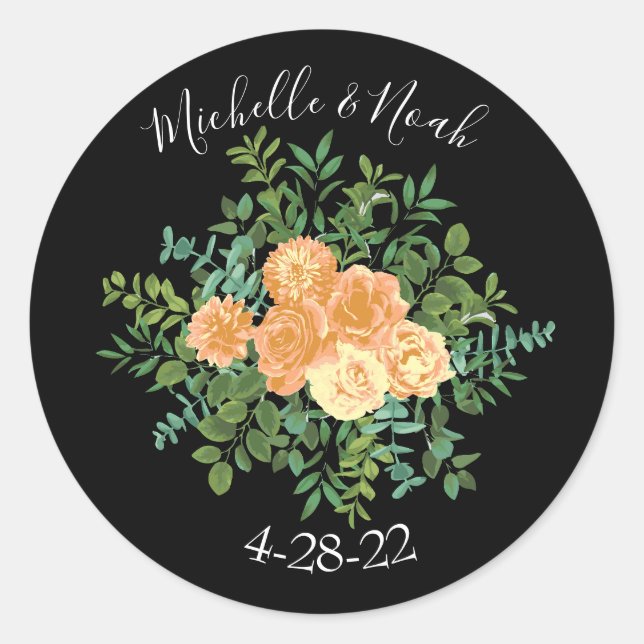Black & Peach Wedding Modernes Floral Runder Aufkleber (Vorderseite)