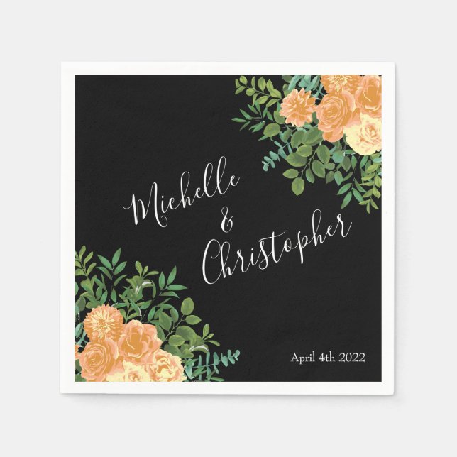 Black & Peach Wedding Modernes Floral Serviette (Vorderseite)