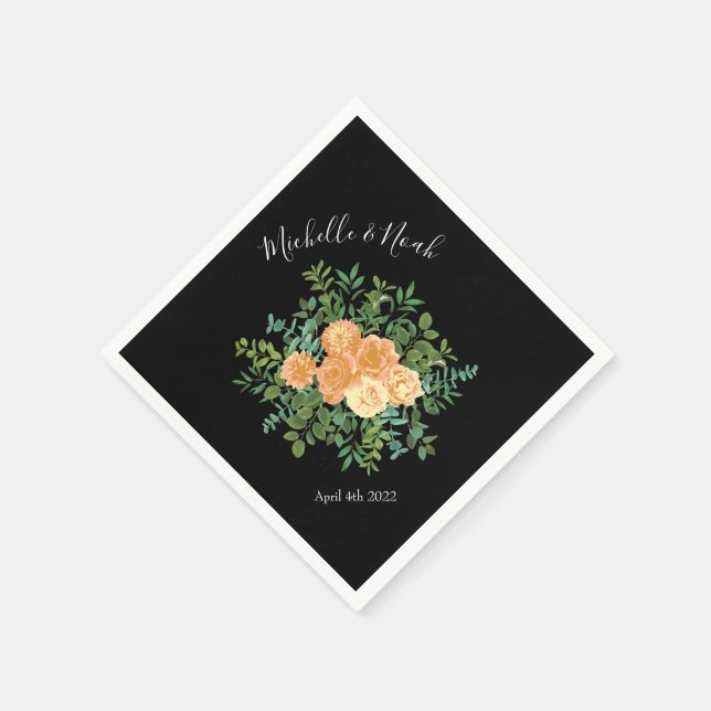Black & Peach Wedding Modernes Floral Serviette (Ecke)