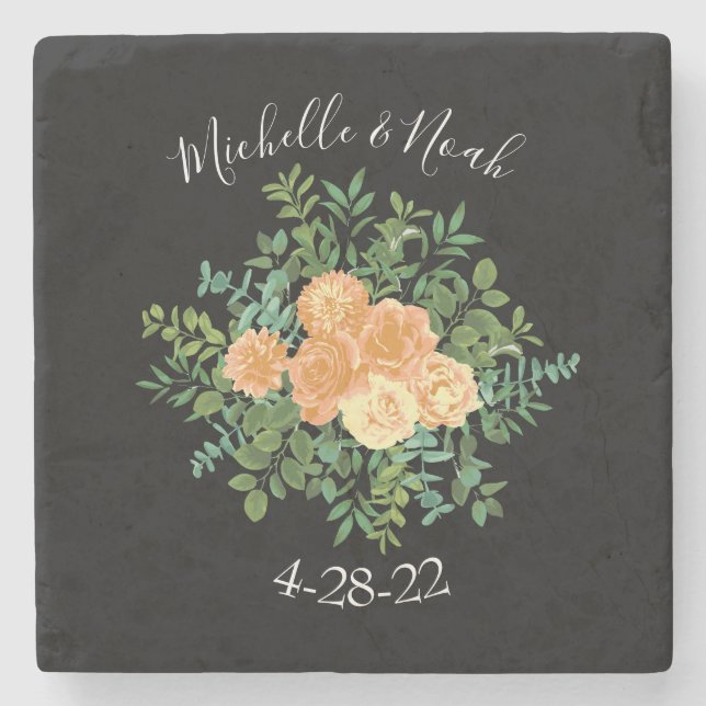 Black & Peach Wedding Modernes Floral Steinuntersetzer (Vorderseite)