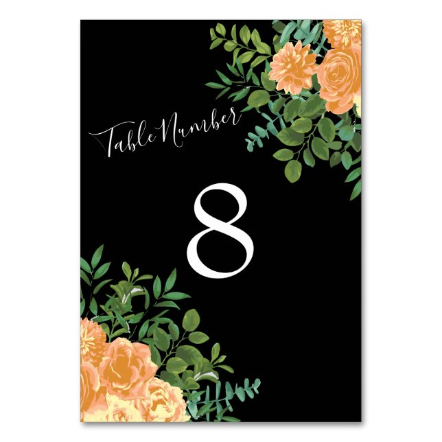 Black & Peach Wedding Modernes Floral Tischnummer (Rückseite)