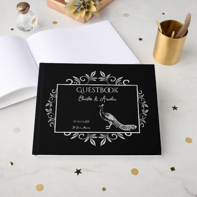 Black Peacock Blüh Wedding Guest Book Gästebuch (Vorderseite Offen)
