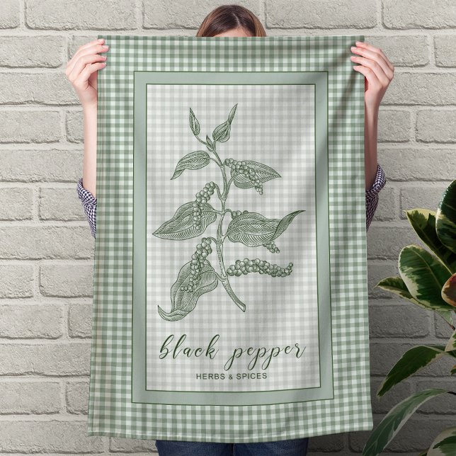 Black Pepper Herb - Green Gingham Border Geschirrtuch (Black Pepper Herb - Green Gingham Border Kitchen Towel)