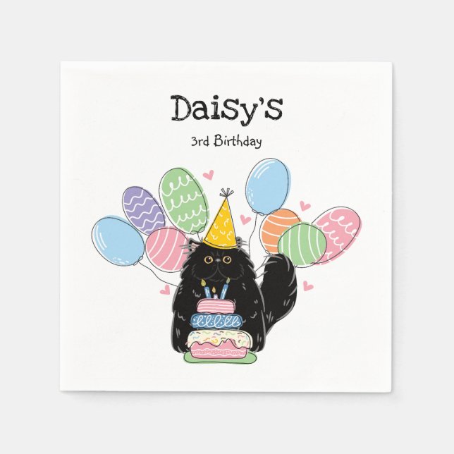 Black Persian Cat Longhair Birthday Paper Napkins Serviette (Vorderseite)