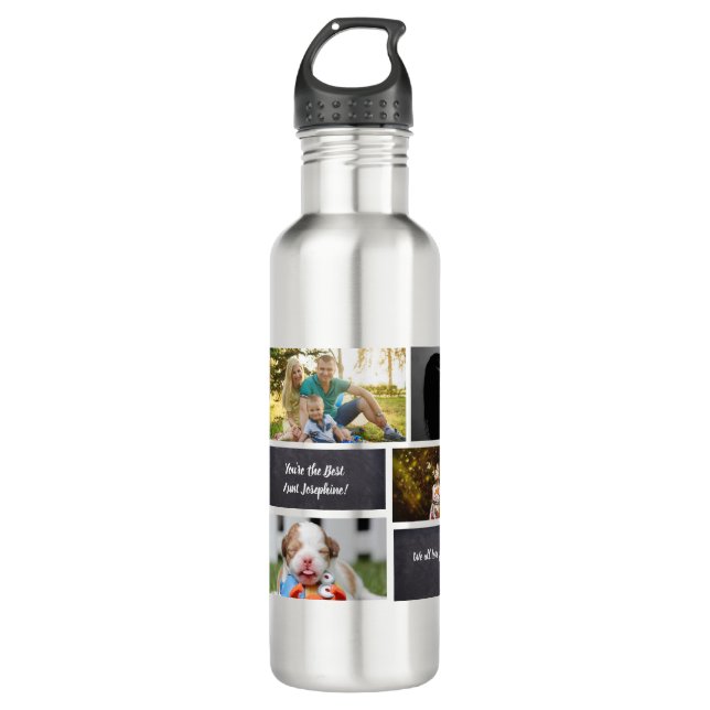 Black Personalisiert Modern Foto Collage Tante Edelstahlflasche (Vorderseite)
